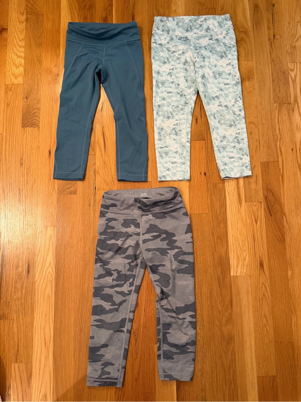 Athleta Kids Trio: Teal, Light Blue Camo & Gray Camo Leggings